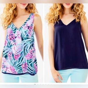 LILLY PULITZER Mr. Peacock Blue Tweethearts reversible Florin v-neck tank